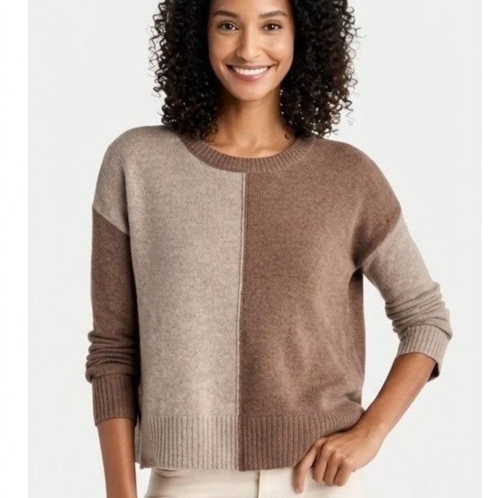 Splendid Amy Colorblock Sweater Women Medium Brown Wool Cashmere Blend Crewneck